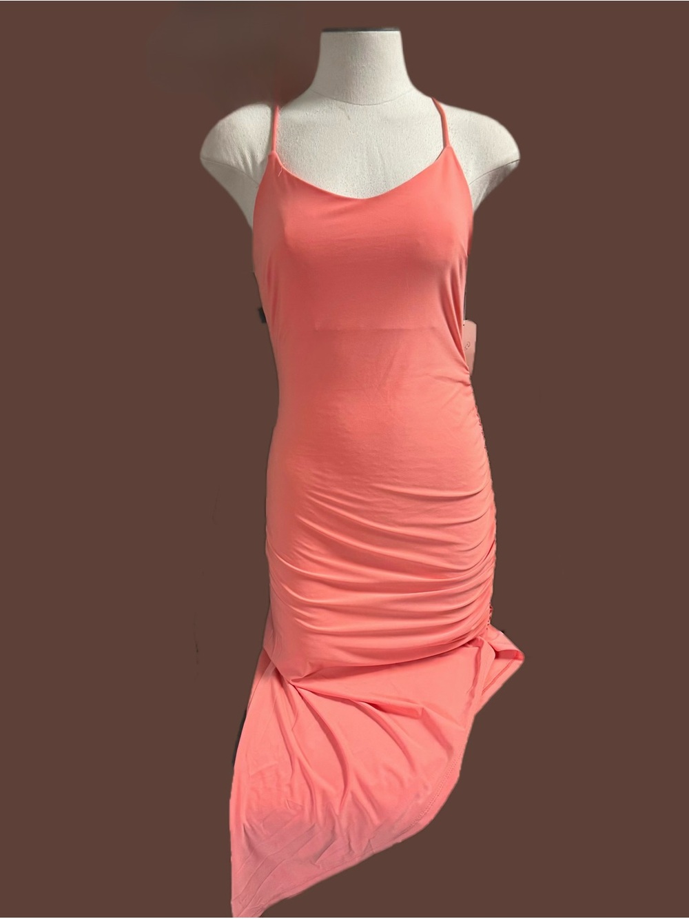 Sleek Coral Maxi Slip Dress with Ruched Side